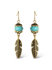 Turquoise Bead Feather Drop Earrings - Gold