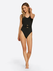Textured Solids Belted One Piece - Black