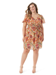 Vilma Button Front Dress - Apricot Sherbet Paisley