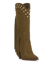 Rosera Studded Fringe Boot - Olive Green