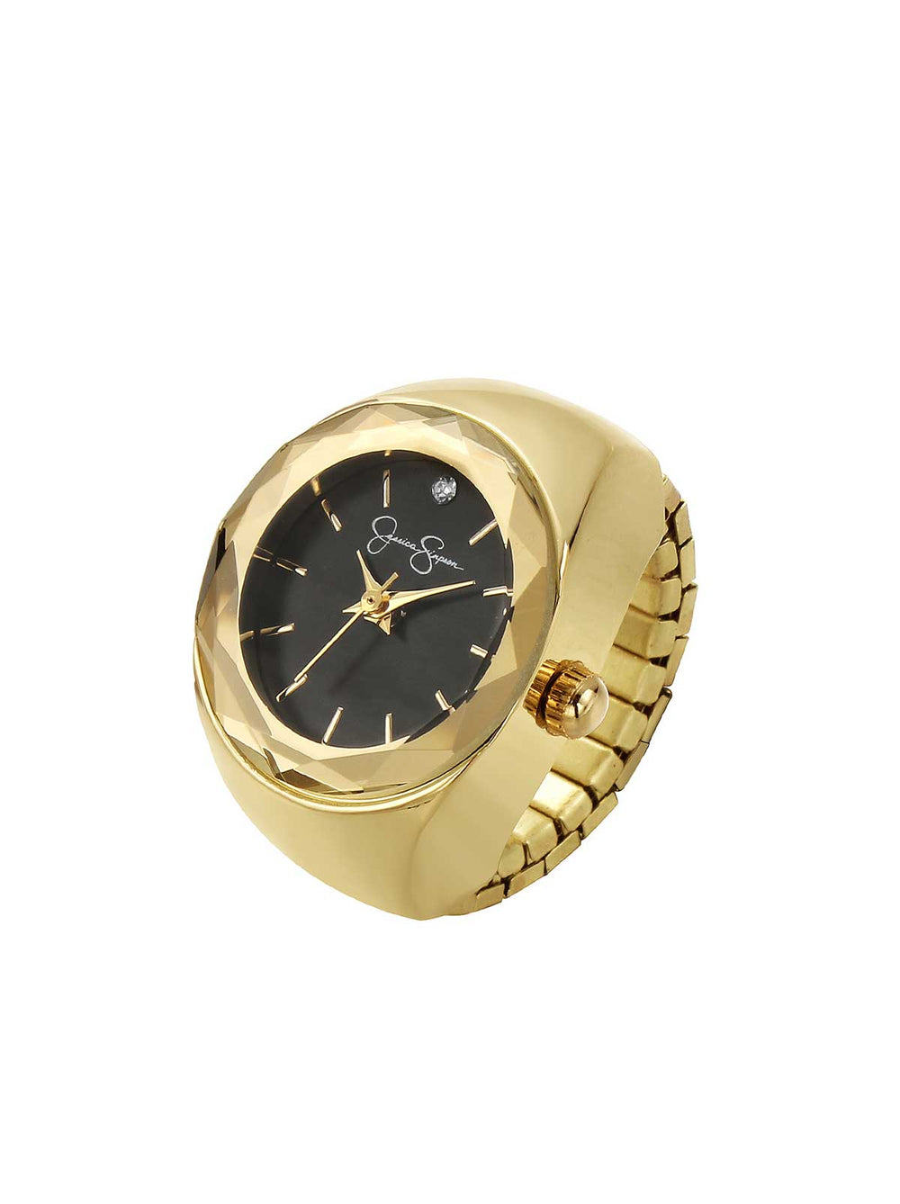 Faceted Bezel Single Crystal Ring Watch - Gold