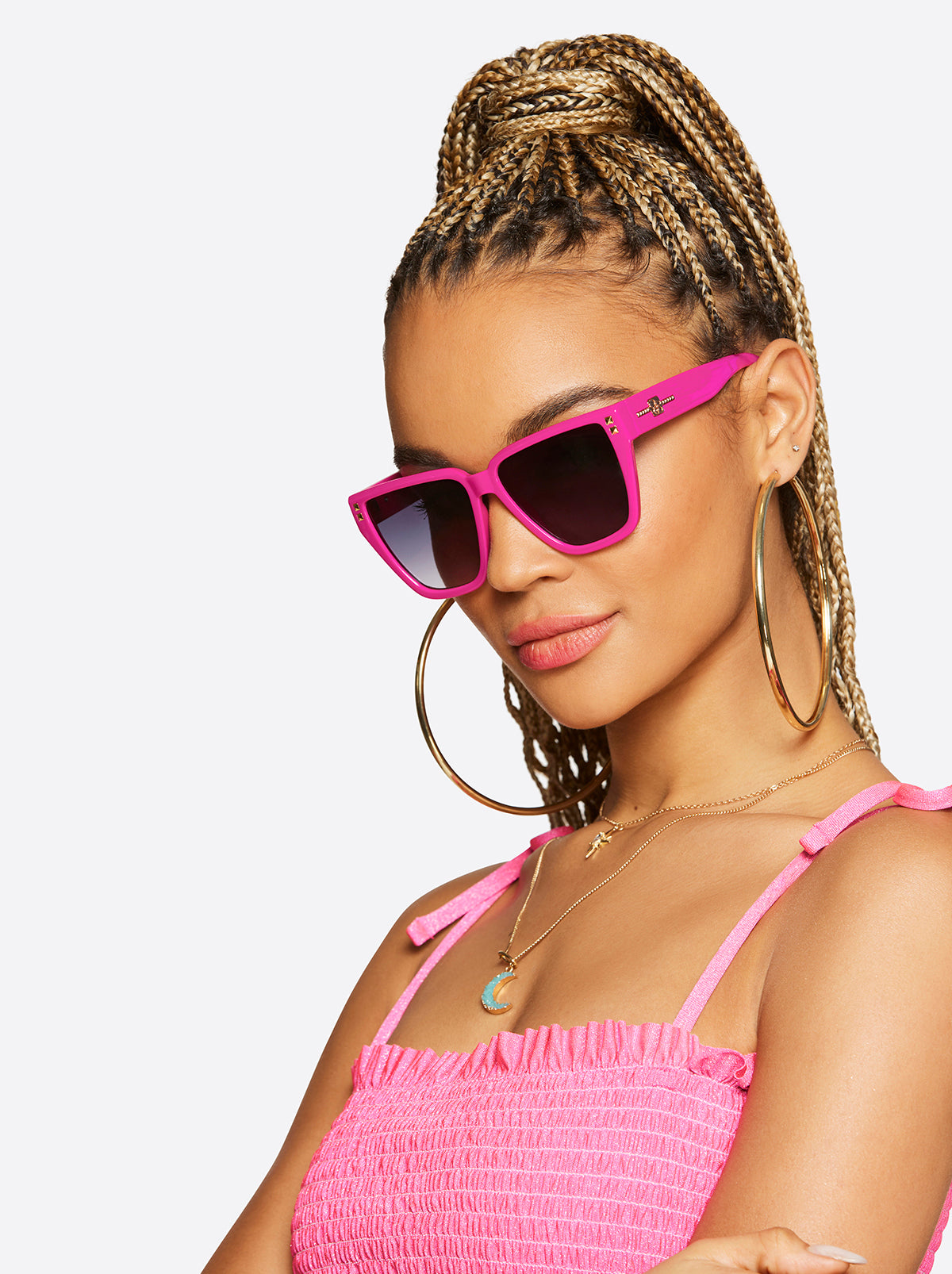 Star Studded Cat Eye Sunglasses - Fuchsia