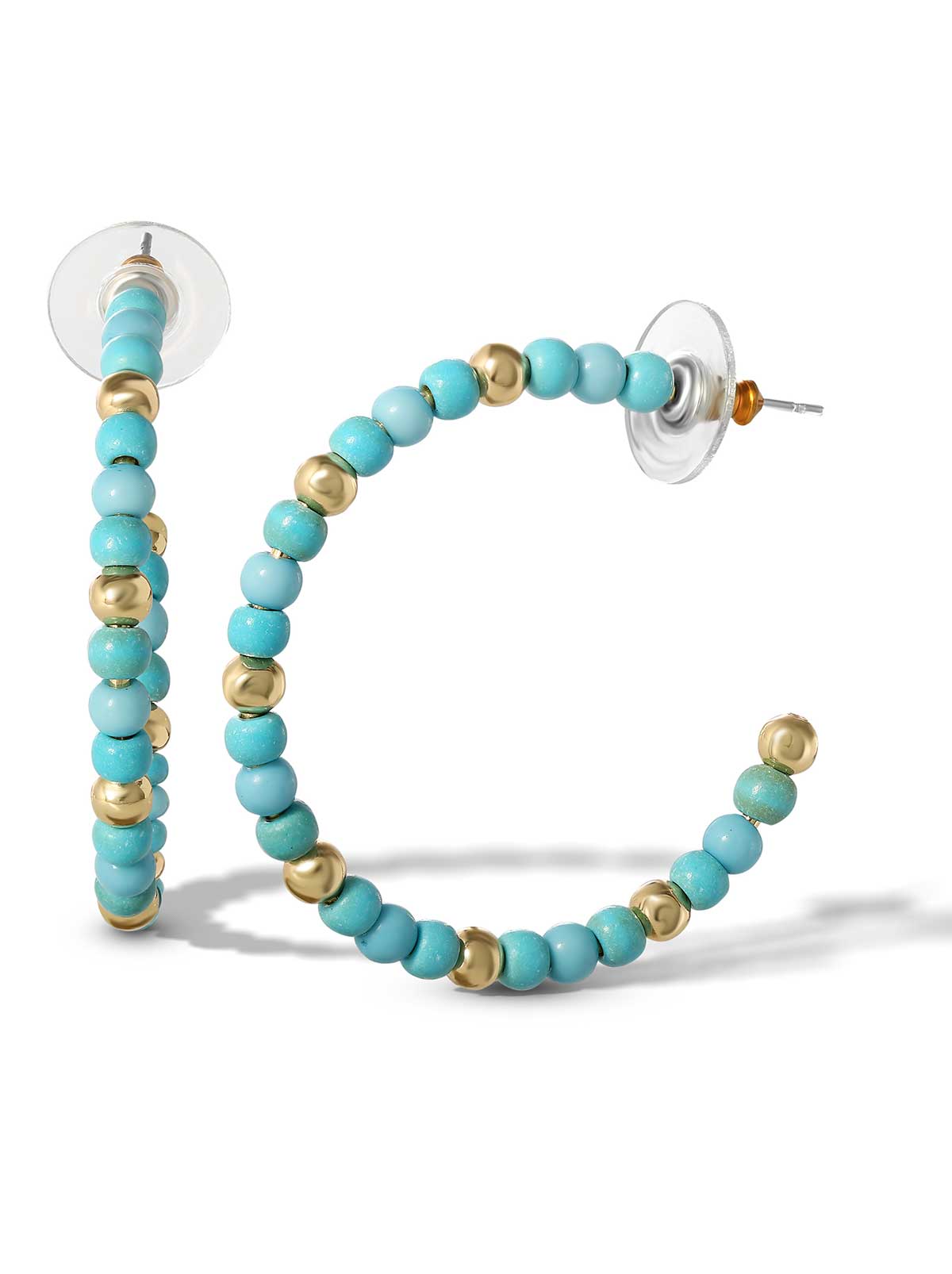 Turquoise Bead Hoop Earrings - Gold