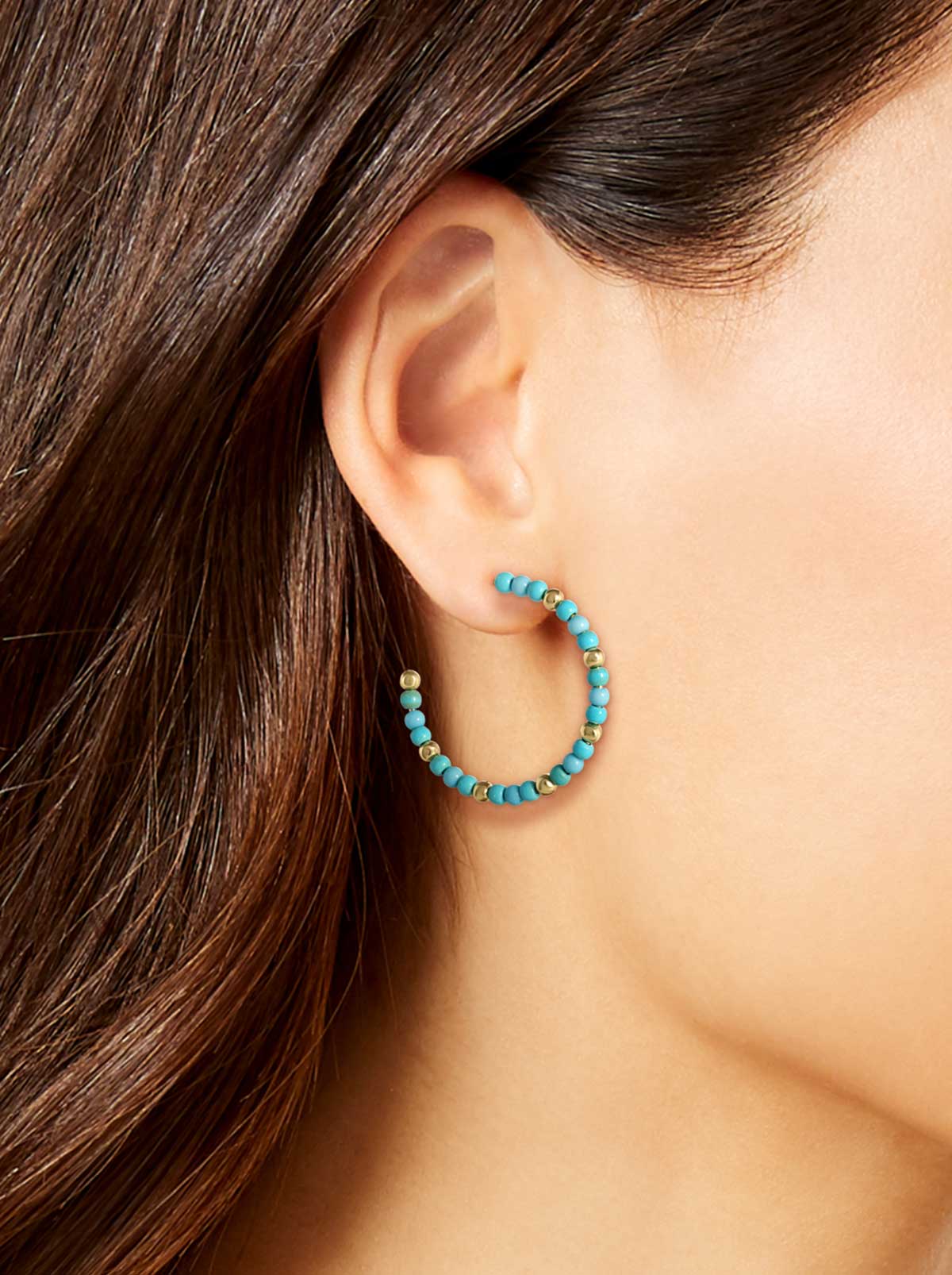 Turquoise Bead Hoop Earrings - Gold