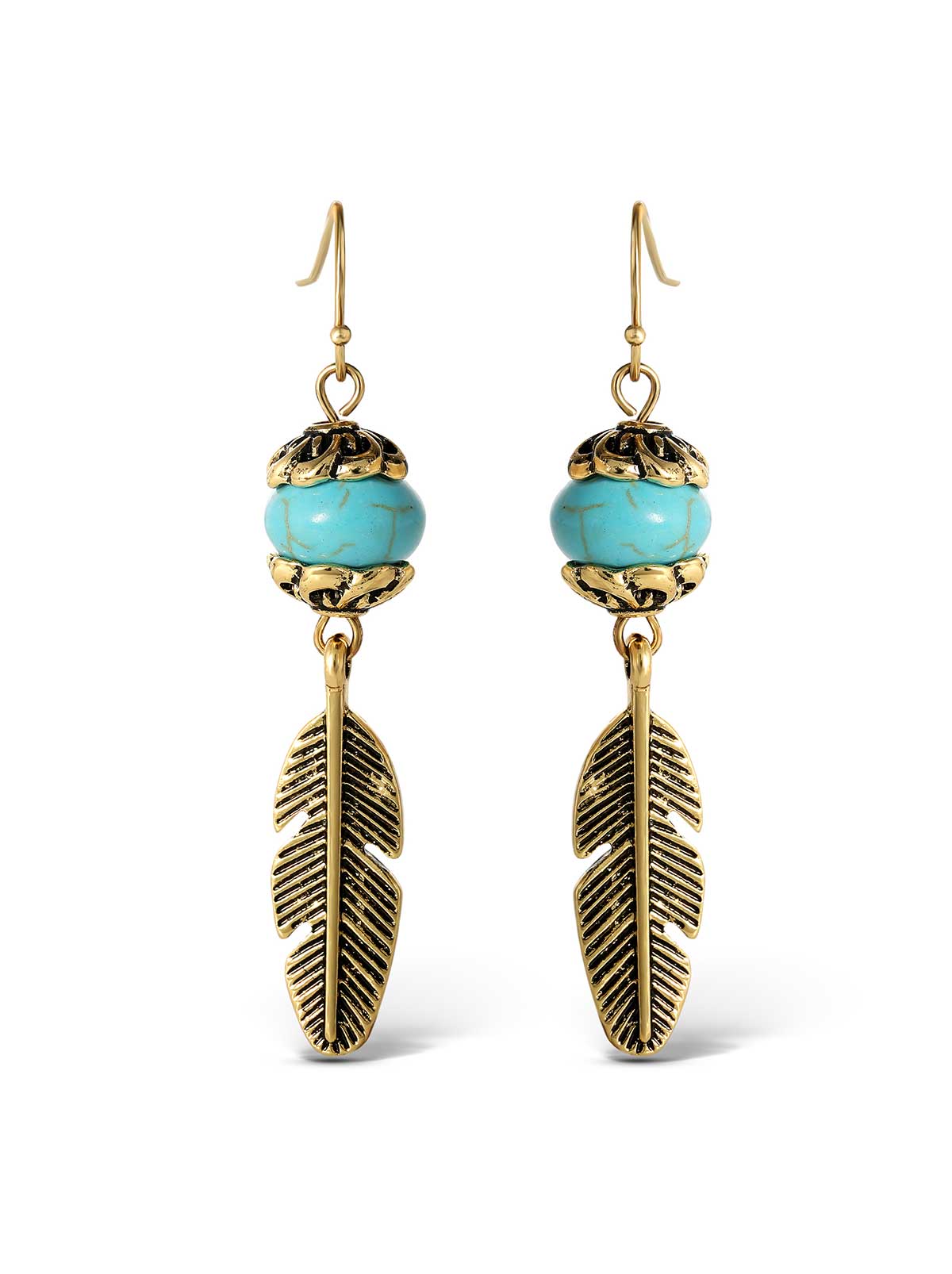 Turquoise Bead Feather Drop Earrings - Gold
