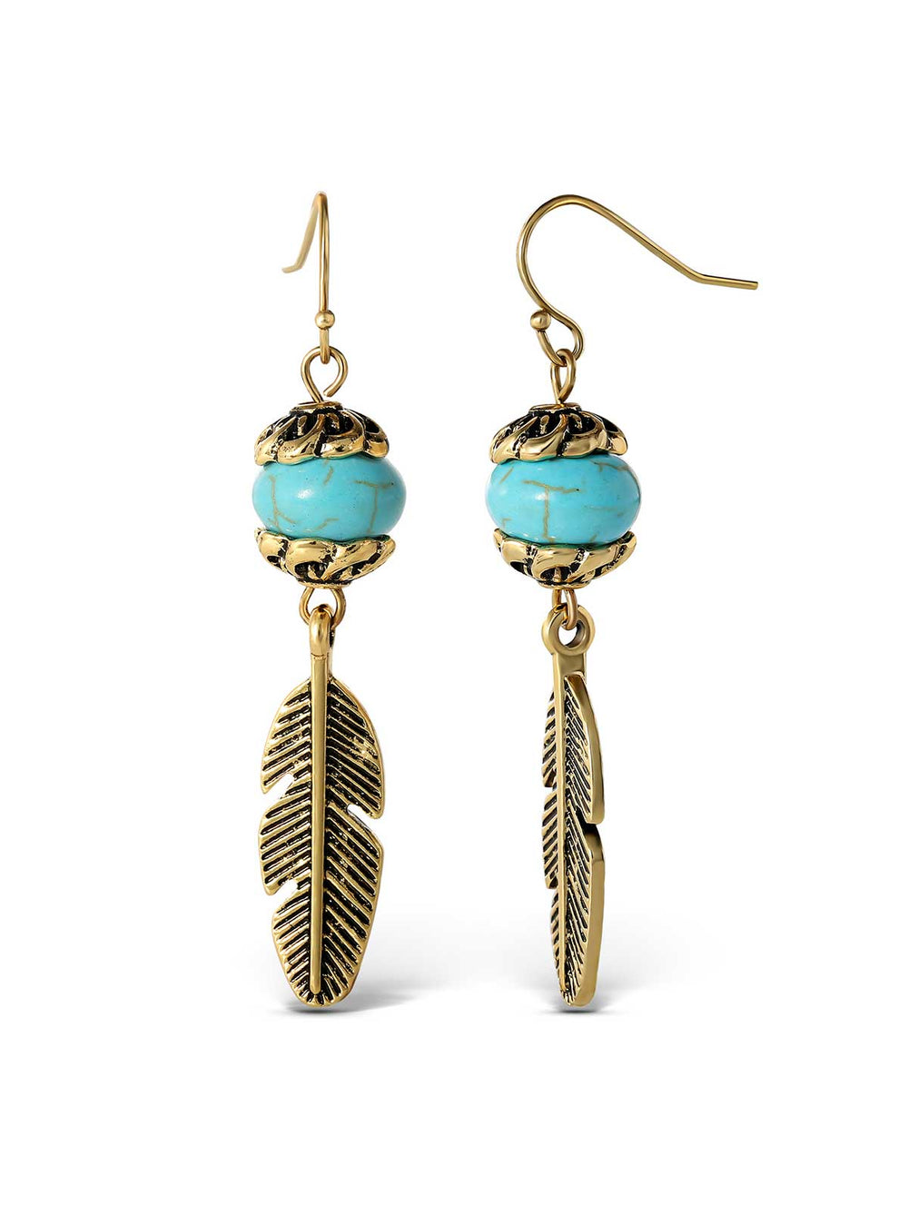 Turquoise Bead Feather Drop Earrings - Gold