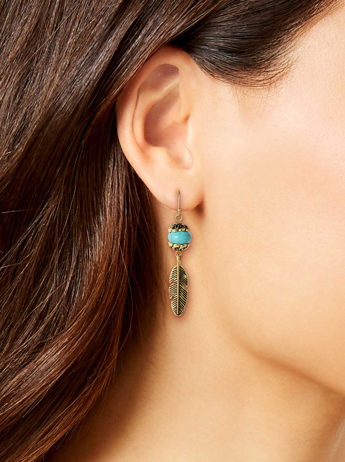 Turquoise Bead Feather Drop Earrings - Gold