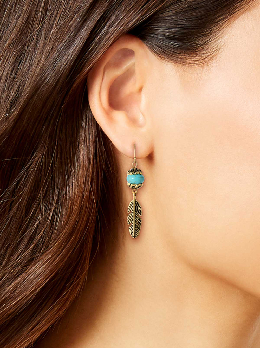 Turquoise Bead Feather Drop Earrings - Gold