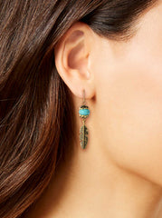 Turquoise Bead Feather Drop Earrings - Gold