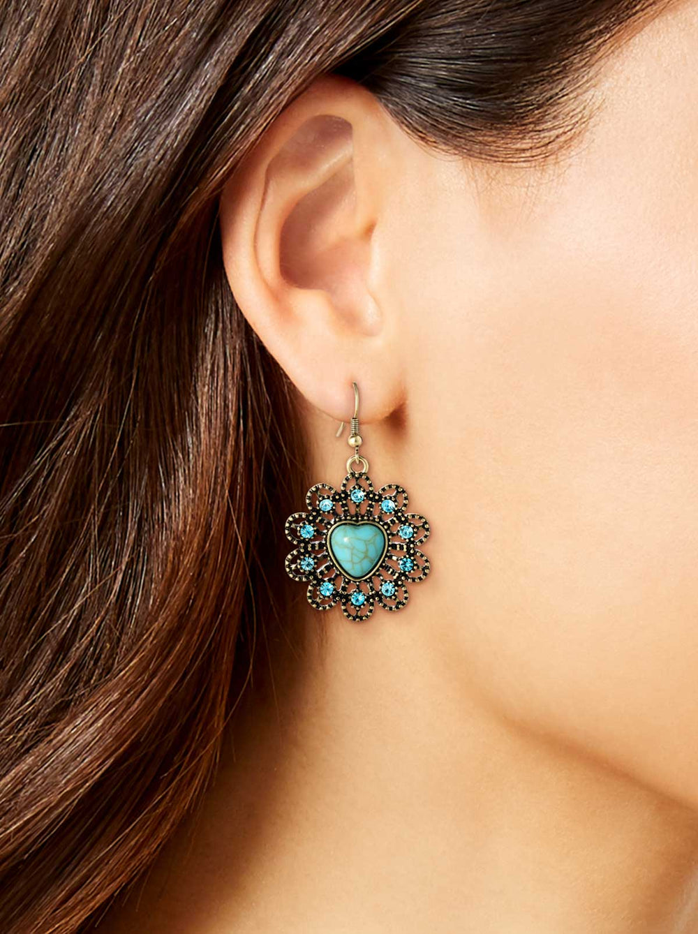 Turquoise Stone Ornate Heart Earrings