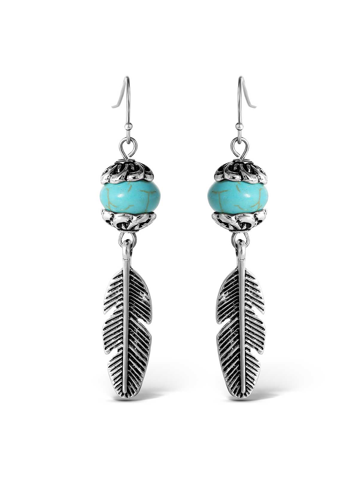 Turquoise Bead Feather Drop Earrings - Silver