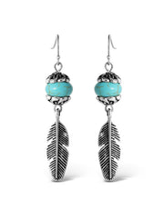 Turquoise Bead Feather Drop Earrings - Silver