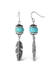 Turquoise Bead Feather Drop Earrings - Silver