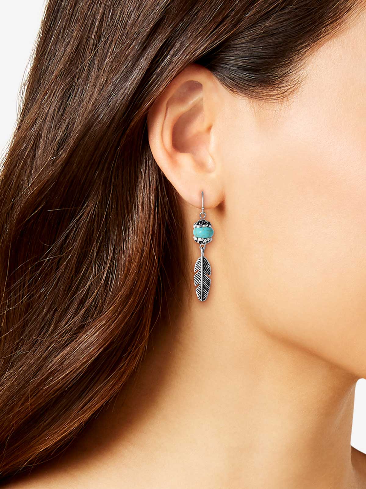 Turquoise Bead Feather Drop Earrings - Silver