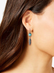 Turquoise Bead Feather Drop Earrings - Silver