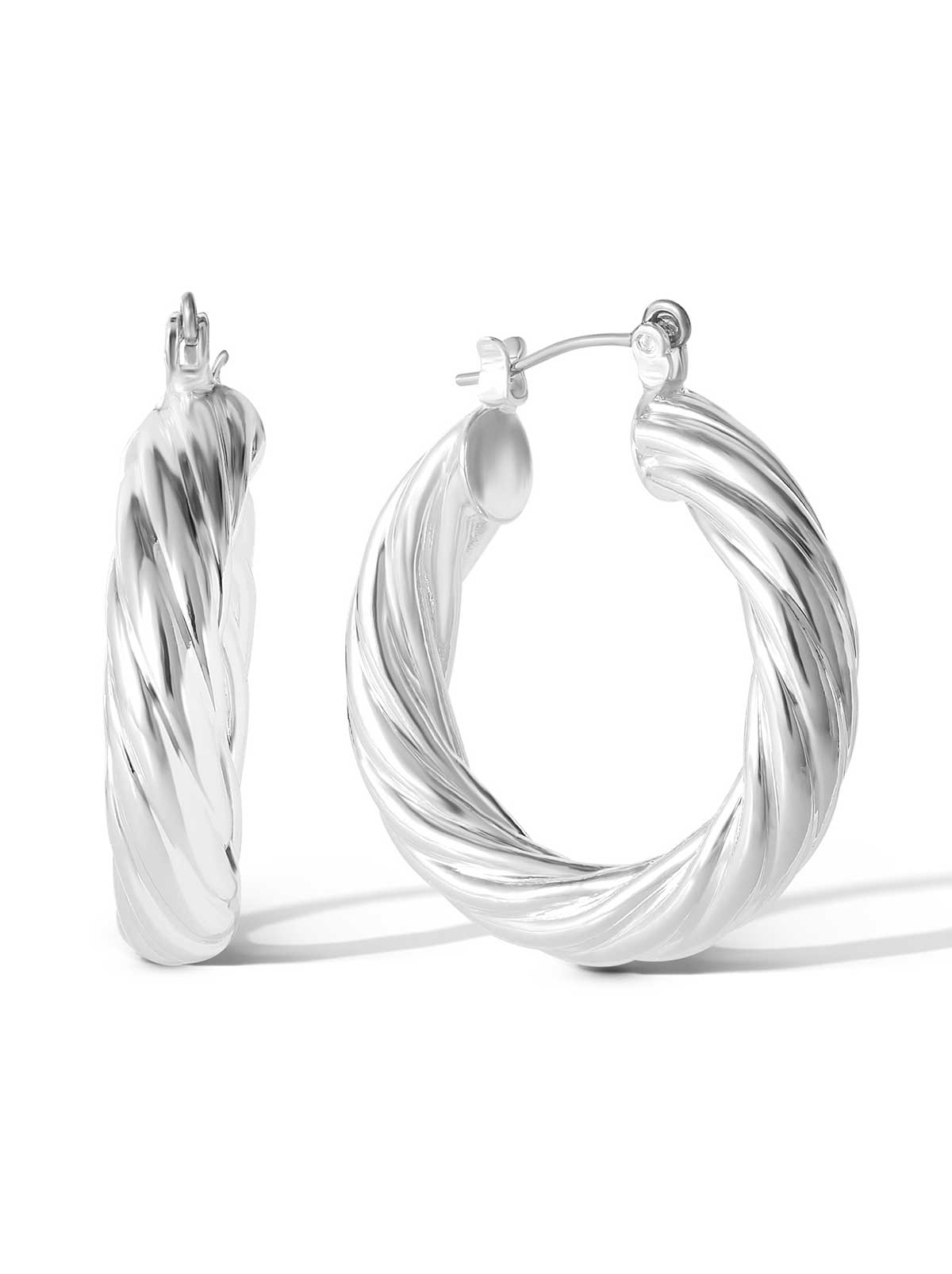 Thick Twisted Hoop Earrings - Silver