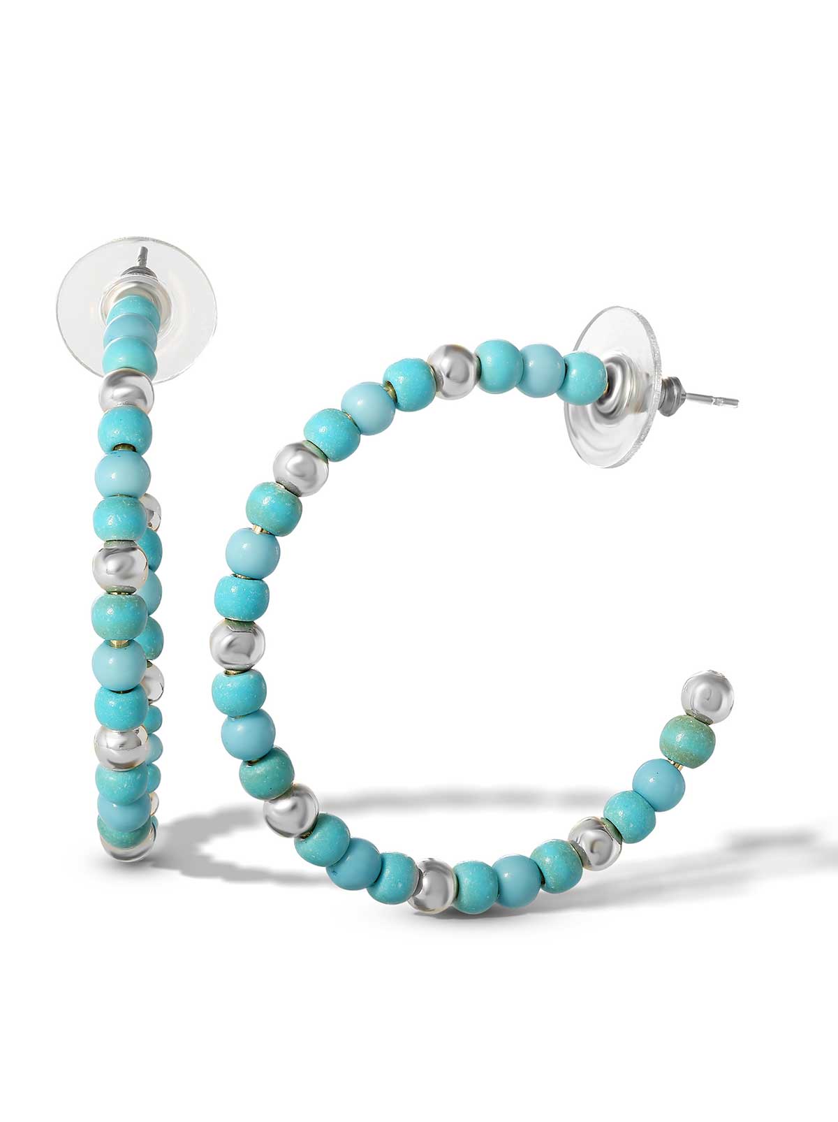 Turquoise Bead Hoop Earrings - Silver