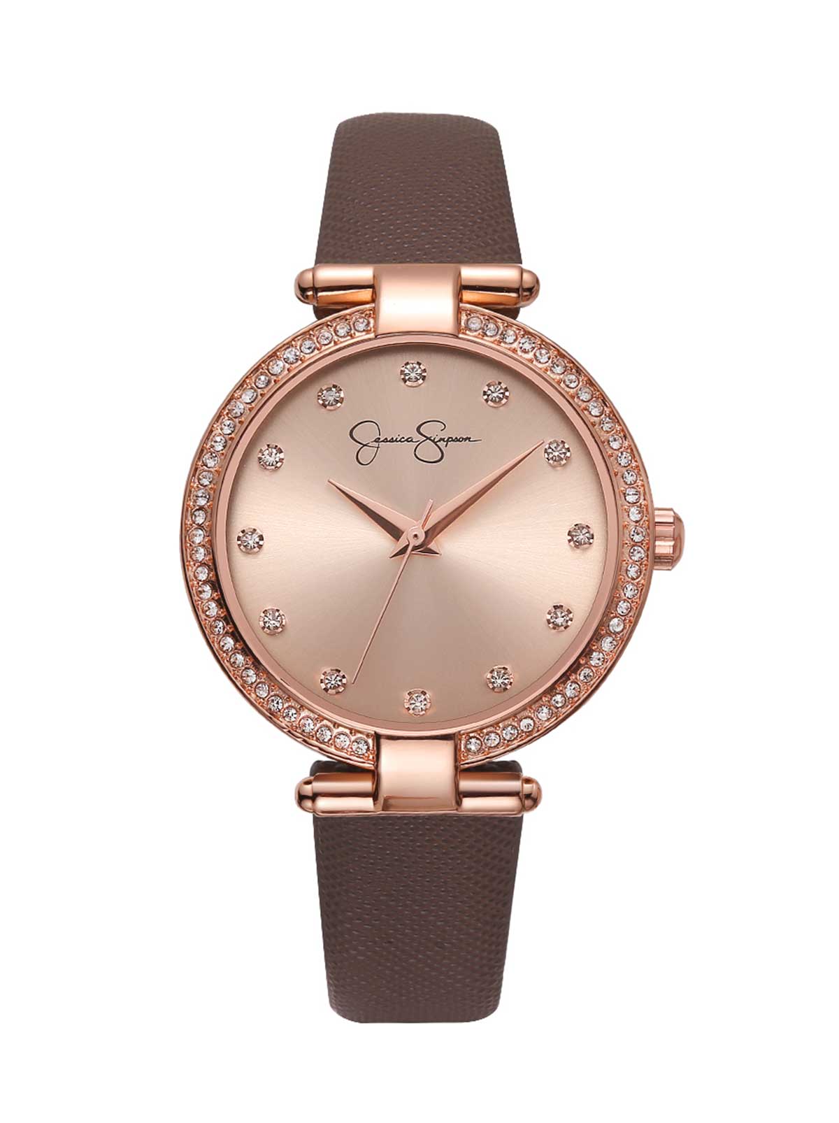 Crystal Bezel Brown Strap Watch - Rose Gold Tone