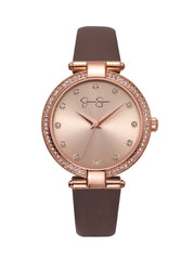 Crystal Bezel Brown Strap Watch - Rose Gold Tone