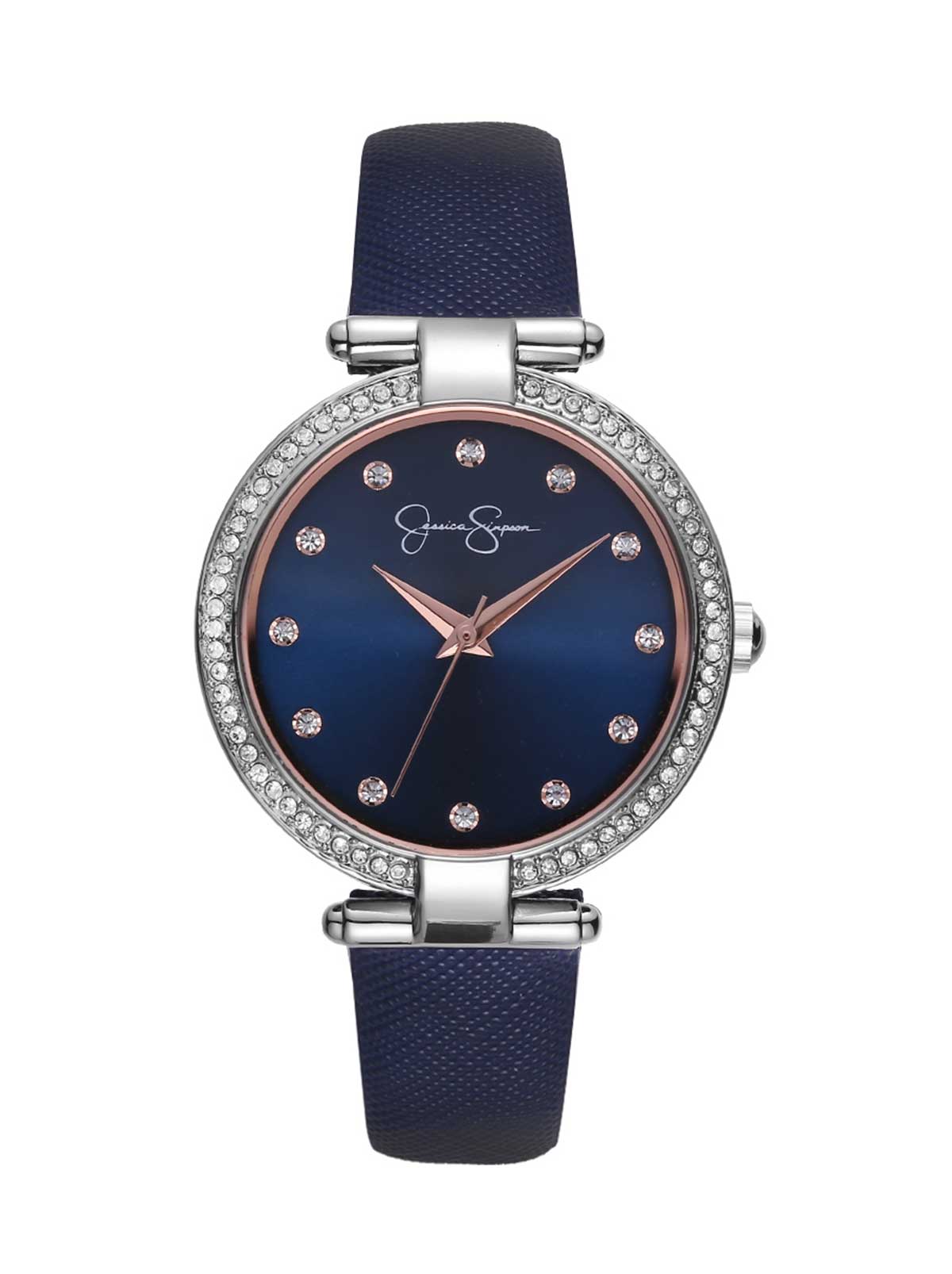 Crystal Bezel Navy Strap Watch - Silver Tone