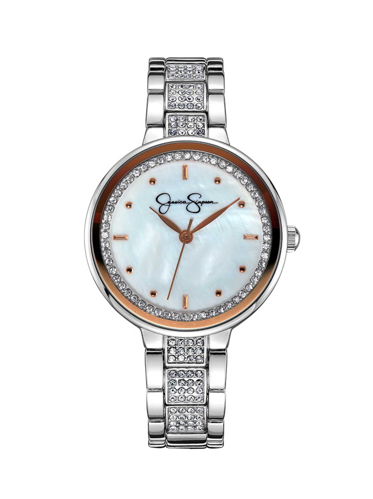 Crystal & Genuine Mother Of Pearl Dial Watch - Silver Tone