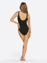 Textured Solids Belted One Piece - Black