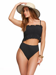 Solid Smocked Bandeau Top - Black