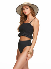 Solid Smocked Bandeau Top - Black