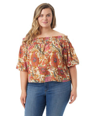 Rosiya Off Shoulder Top - Apricot Sherbet Paisley