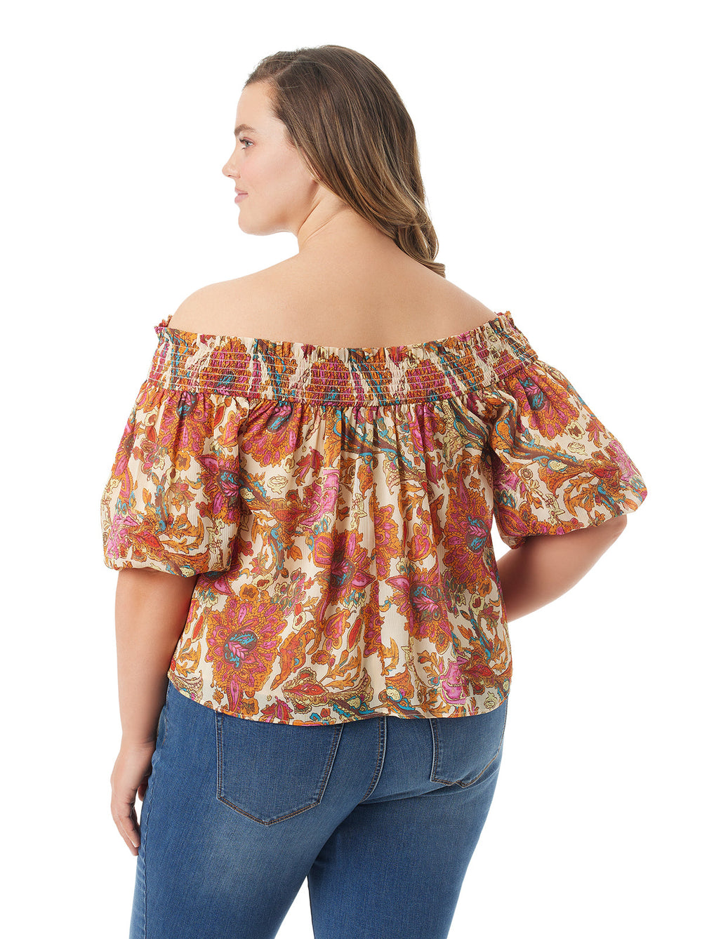 Rosiya Off Shoulder Top - Apricot Sherbet Paisley