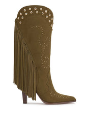 Rosera Studded Fringe Boot - Olive Green