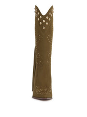 Rosera Studded Fringe Boot - Olive Green